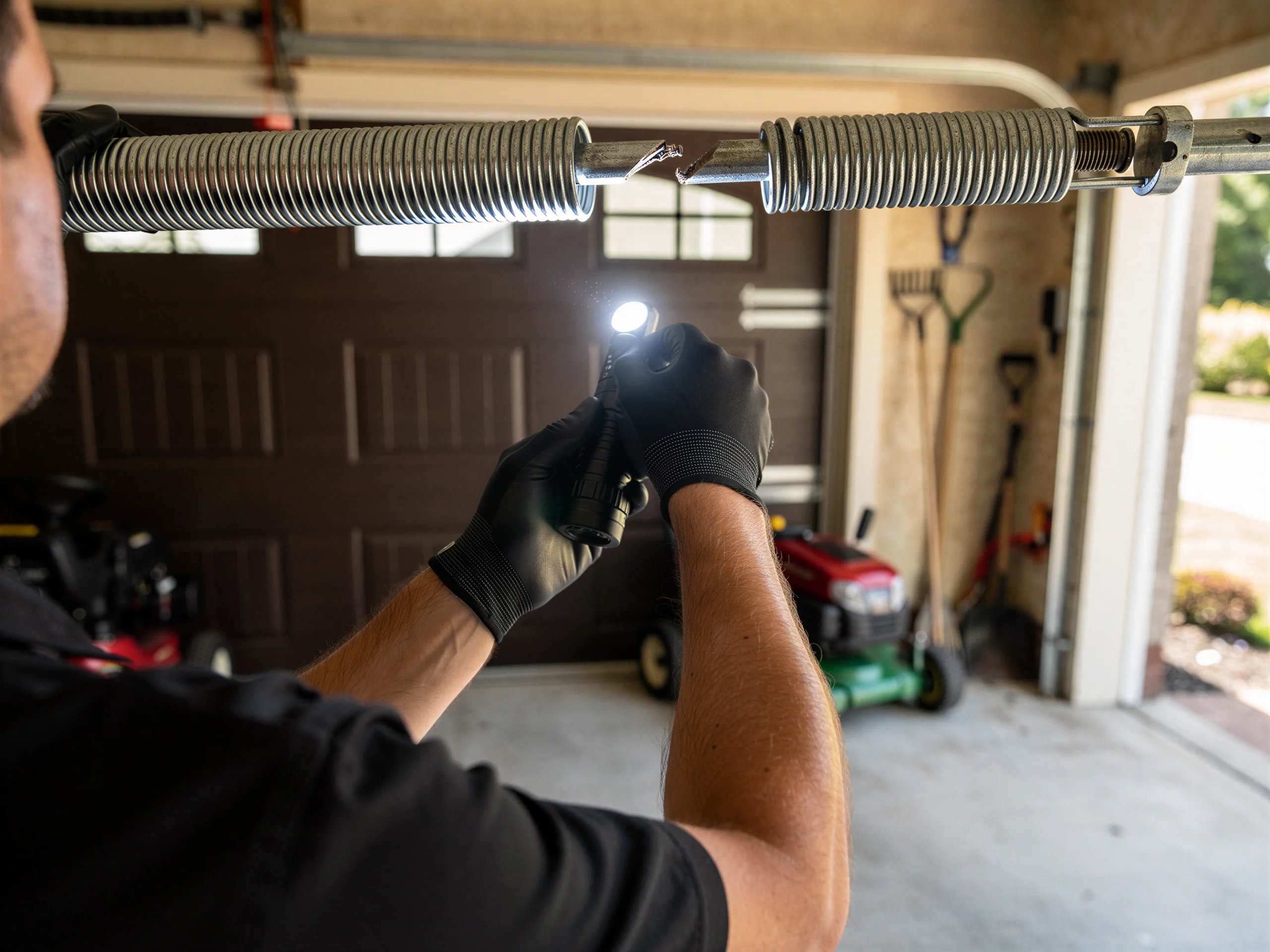 A technician shines a flashlight on a broken torsion spring above a brown garage door.