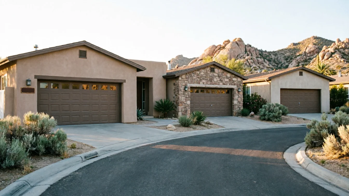 Three houses with brown garage doors line a curved street in a desert landscape.